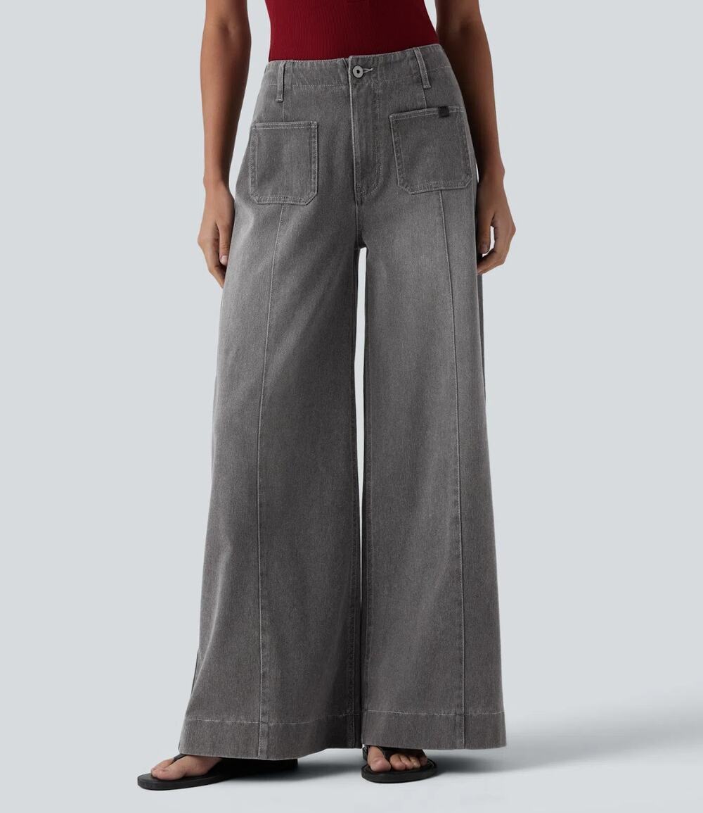 HALARA High Waisted Pockets Washed Casual Wide Leg Jeans Cool Gray Sz S {I21}
